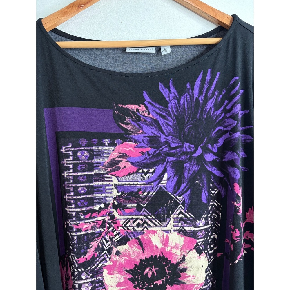 Susan Graver Black Floral Geometric Liquid Knit Tunic Top Size 3X Slinky Stretch - Picture 2 of 7